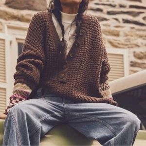 Free People Whistle Thermal Henley quarter button up BROWN